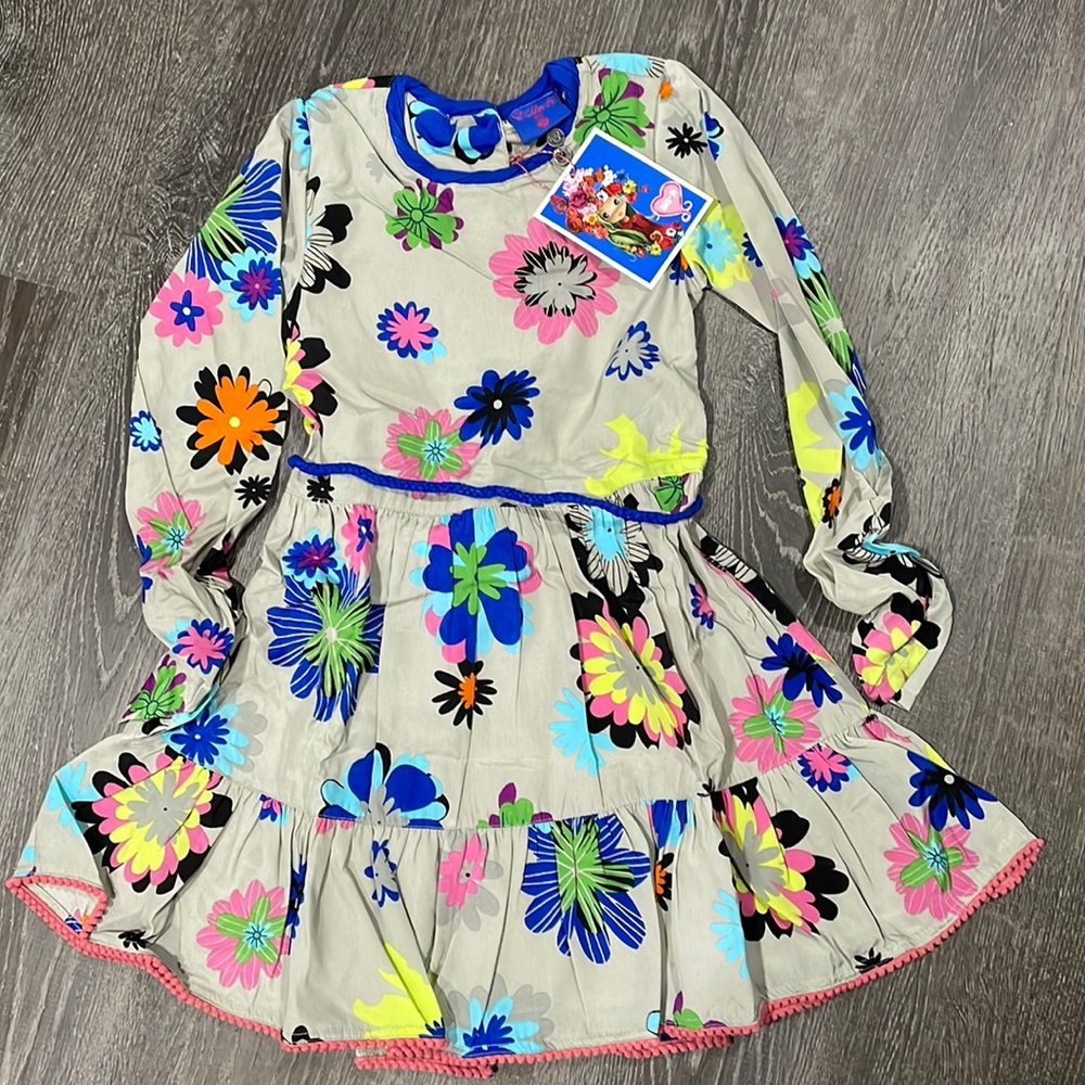 NWT Mim-Pi Girls Floral Ruched Sleeves Braided Sash Dress